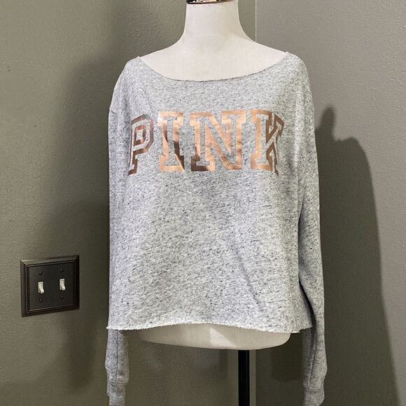 Victorias Secret PINK Heather Grey Raw Hem Sweatshirt Lace-up Back - Picture 1 of 12